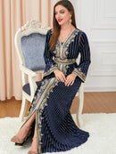 Solid Color Belt Design V Neck Long Sleeve Velvet Dress