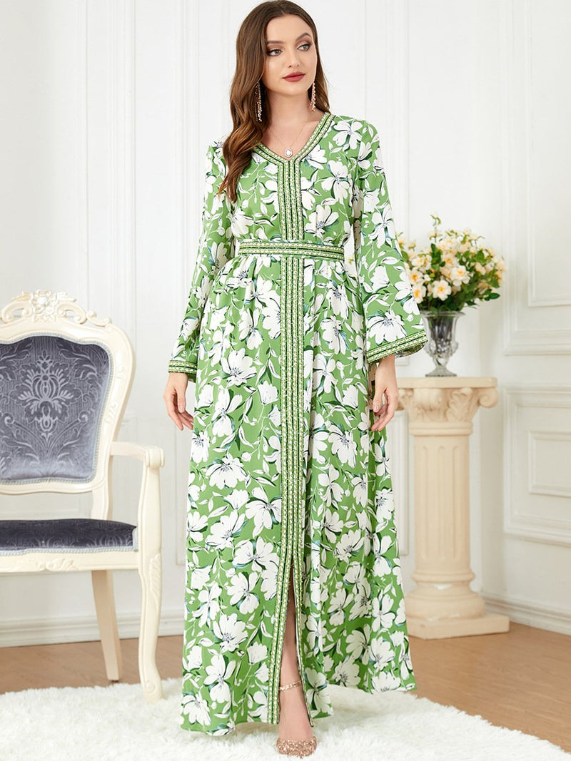 White Flowers Binded Split Design V Neck Long Sleeve Gown