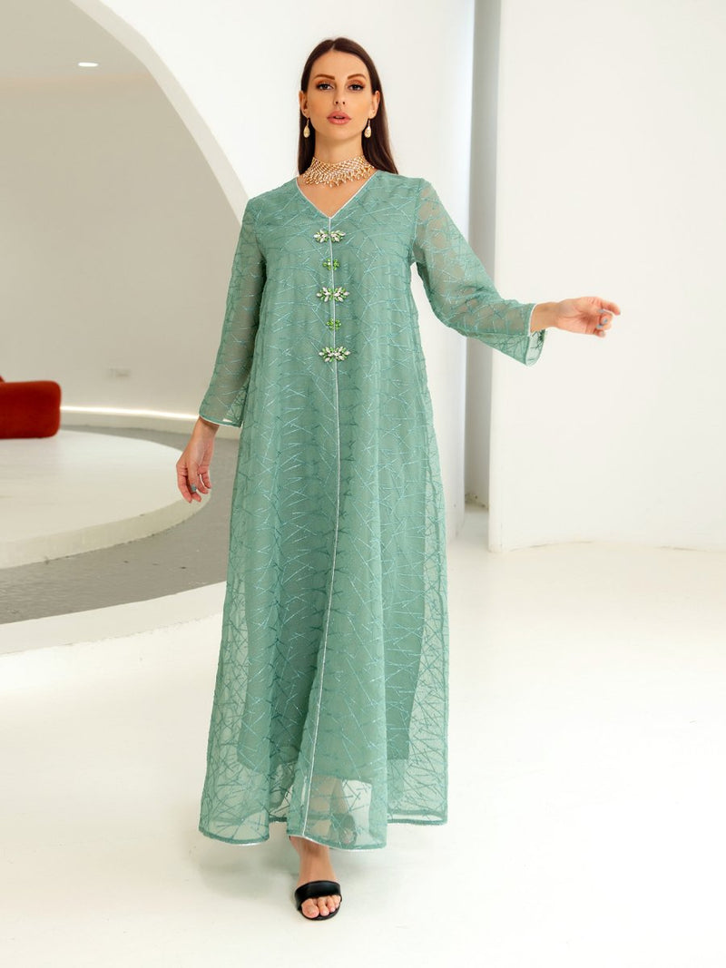 KTX-7982838841560 Perspective Mesh Sleeve Beaded Design V Neck Abaya