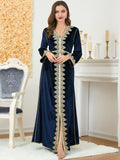 KTX-7982838284504 Blue Velvet Embroidery Pattern V Neck Long Sleeve Dress