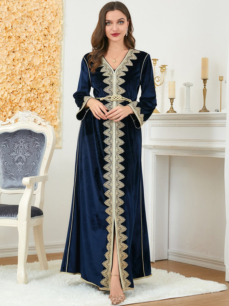 Blue Velvet Embroidery Pattern V Neck Long Sleeve Dress