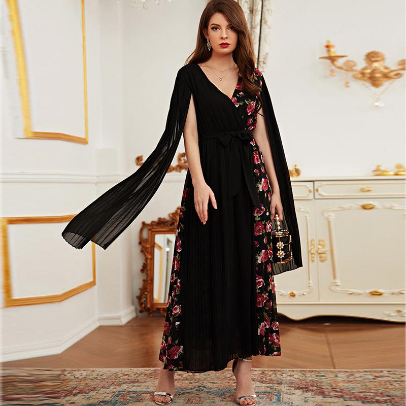 KTX-7982840611032 Split Sleeve Binded Rose Print V Neck Chiffon Gown