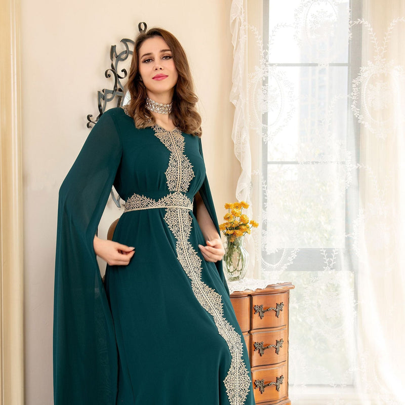 Cloak Super Long Sleeve Chiffon Lace V Neck Gown