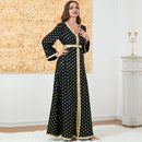 KTX-7982836711640 Golden Print V Neck Long Sleeve Belt Design Dress