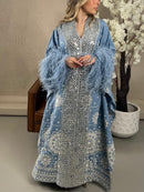 KTX-7982836646104 Blue Floral with Fur Trim Long Sleeve Kaftan