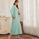 KTX-7982838317272 Satin Embroidered Rhinestone Long Sleeve V Neck Dress