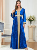 KTX-7982837989592 Blue Velvet Golden Beaded V Neck Long Sleeve Dress