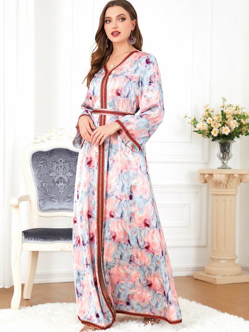 Flowers Printed Bind Design V Neck Long Sleeve Dress