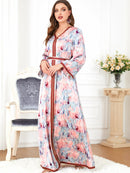 Flowers Printed Bind Design V Neck Long Sleeve Dress