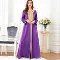 KTX-7982838808792 Golden Bead Split Design V Neck Long Sleeve Purple Dress