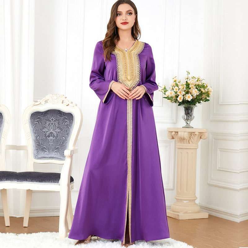 KTX-7982838808792 Golden Bead Split Design V Neck Long Sleeve Purple Dress