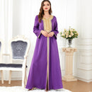 Golden Bead Split Design V Neck Long Sleeve Purple Dress