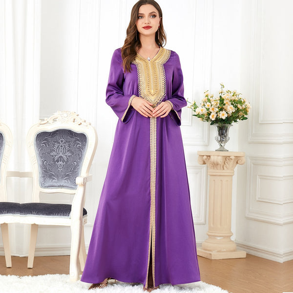 Golden Bead Split Design V Neck Long Sleeve Purple Dress