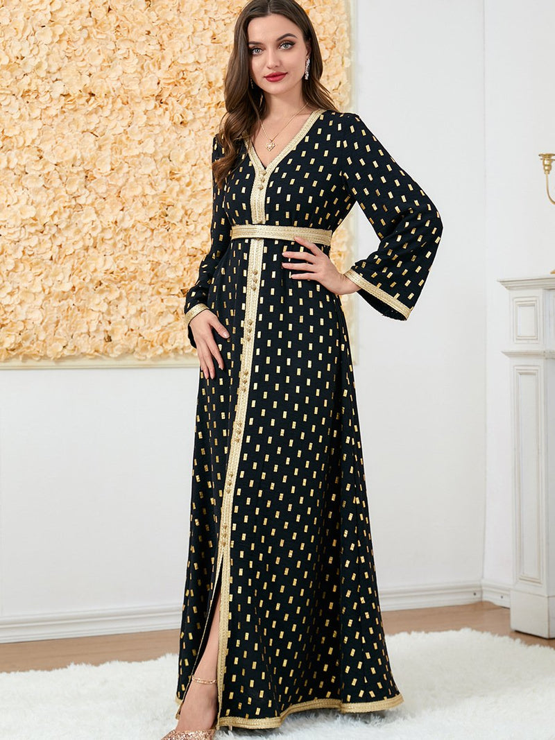 KTX-7982836711640 Golden Print V Neck Long Sleeve Belt Design Dress