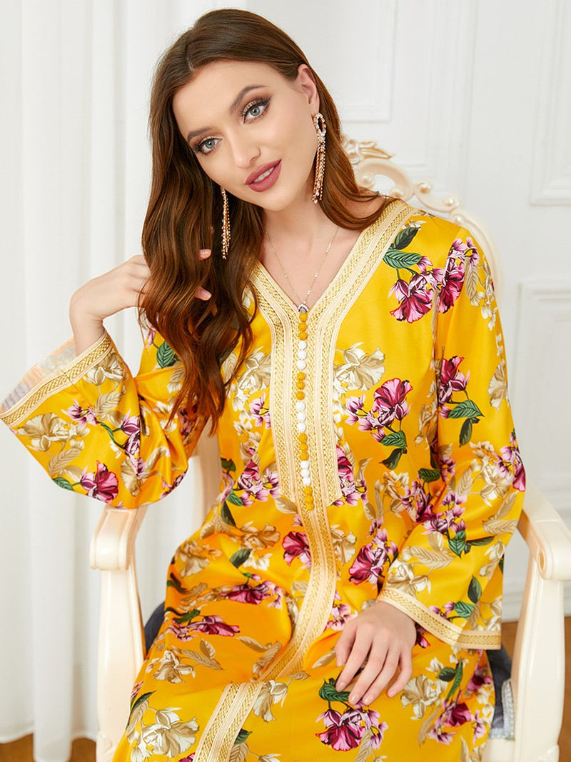 Flowers Pattern V Neck Long Sleeve Loose Elegant Gown