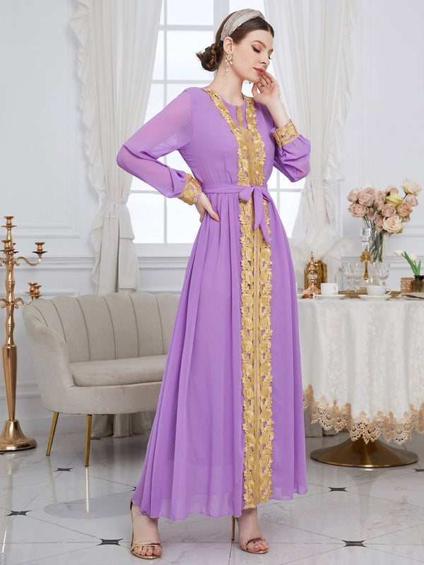 KTX-7982838350040 Golden Lace Chiffon Bind Design Round Neck Long Sleeve Elegant Gown