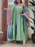 KTX-7981909082328 Green Strapless Lace Dress and Ethnic Floral Embroidered Tunic Set