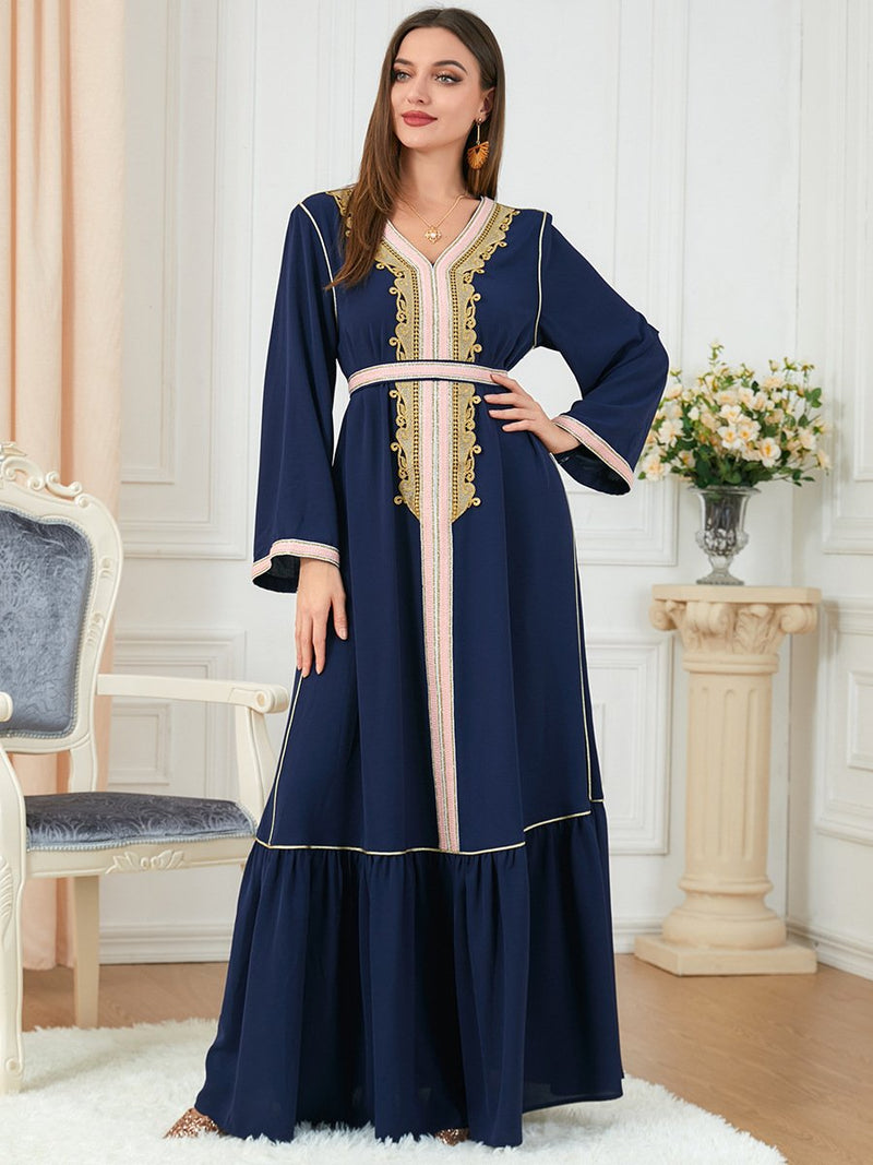 Embroidery Print Splicing Design V Neck Long Sleeve Dress