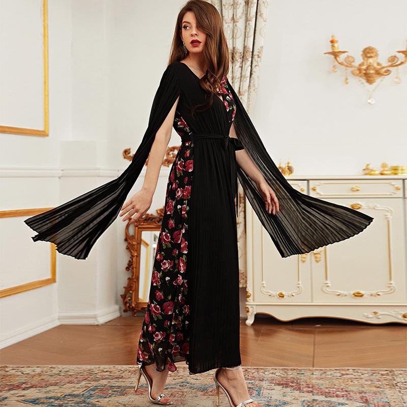 Split Sleeve Binded Rose Print V Neck Chiffon Gown