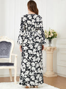 White Flowers Binded Split Design V Neck Long Sleeve Gown