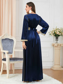 KTX-7982839857368 Solid Color Binded Design V Neck Long Sleeve Velvet Blue Dress