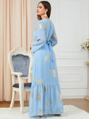 Pleated Chiffon Golden Pattern Split Long Sleeve Dress