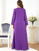 Golden Bead Split Design V Neck Long Sleeve Purple Dress