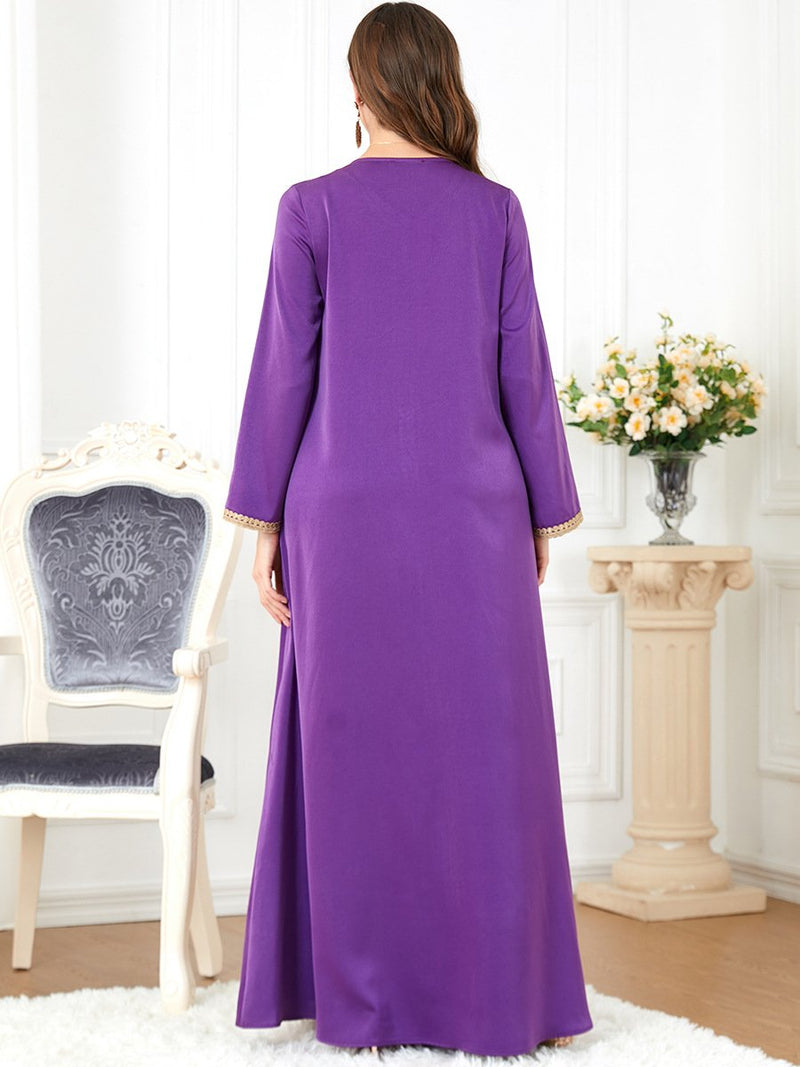 KTX-7982838808792 Golden Bead Split Design V Neck Long Sleeve Purple Dress