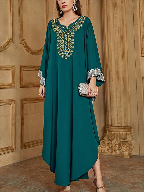 KTX-7982839529688 Elegant Ethnic Geometric Embroidered Batman Sleeve Kaftan