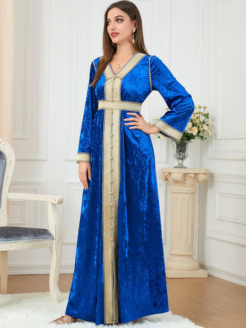 Blue Velvet Golden Beaded V Neck Long Sleeve Dress