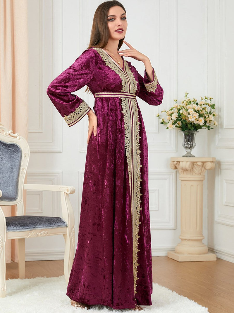 KTX-7982840643800 Solid Color Velvet Embroidery Pattern V Neck Long Sleeve Dress