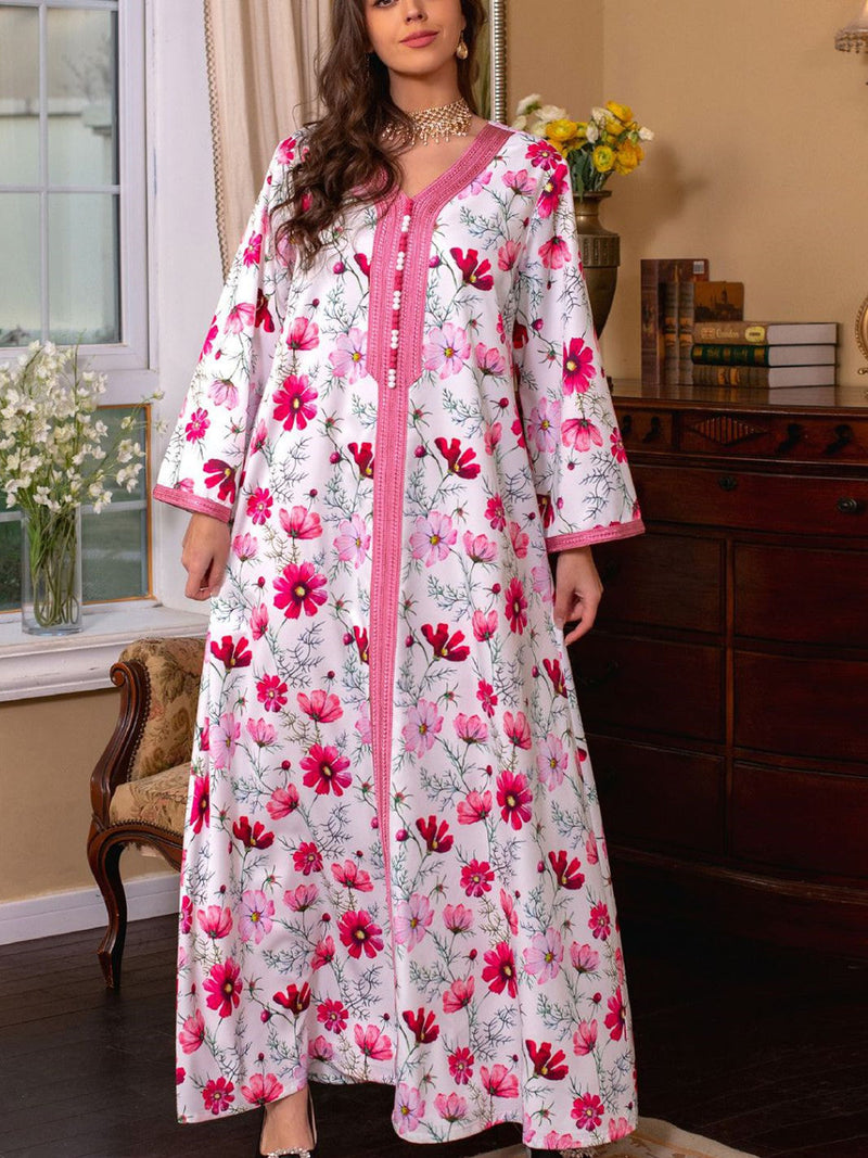 KTX-7982837694680 Floral Print V-neck Long-sleeved Kaftan