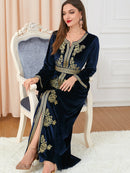 KTX-7982838087896 Blue Velvet V Neck Split Golden Print Long Sleeve Evening Dress