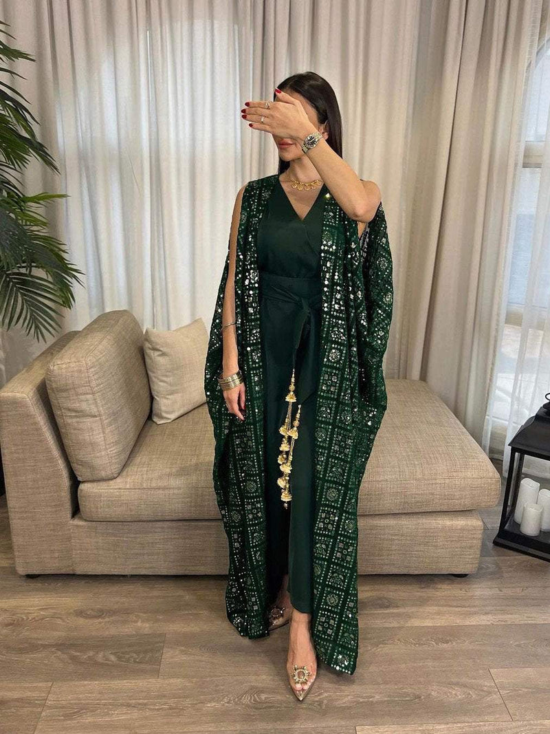 KTX-7982697152728 Green Geometric Embroidery Sequin Jumpsuit and Outwear Two-Piece Set