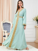 Embroidery Pattern Bind Design V Neck Long Sleeve Green Dress