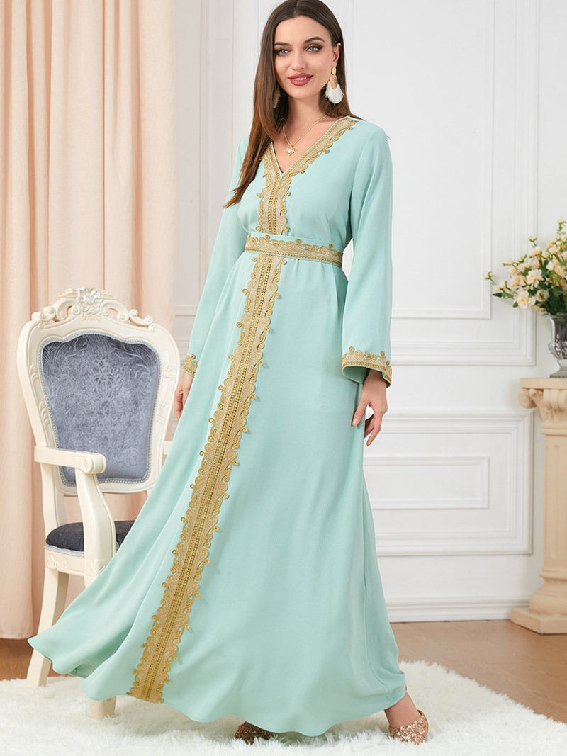 KTX-7982840545496 Embroidery Pattern Bind Design V Neck Long Sleeve Green Dress