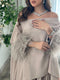 KTX-7981910327512 Off The Shoulder Feather Sleeve Shawl and Pleated Dress