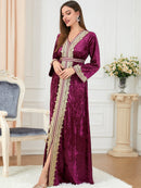 KTX-7982840643800 Solid Color Velvet Embroidery Pattern V Neck Long Sleeve Dress