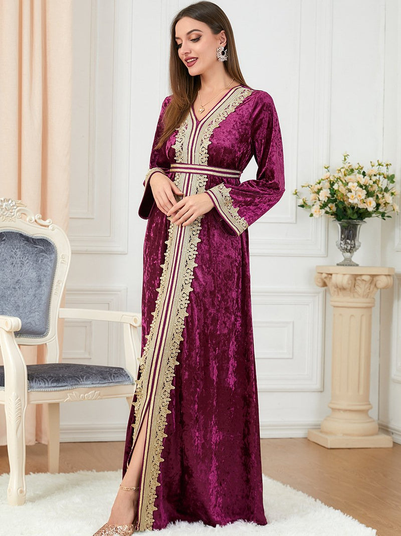 Solid Color Velvet Embroidery Pattern V Neck Long Sleeve Dress