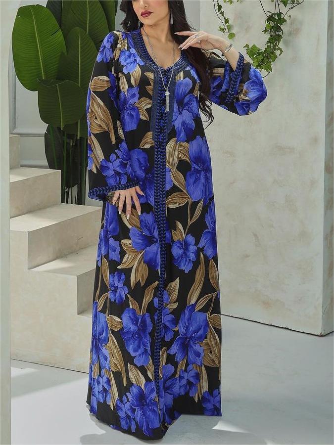 KTX-7982840742104 Elegant Floral Print V-Neck Kaftan