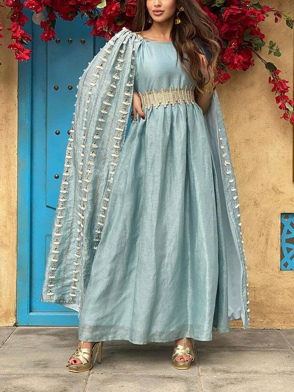 KTX-7981932216536 blue round neck slim elegance Ramadan dress