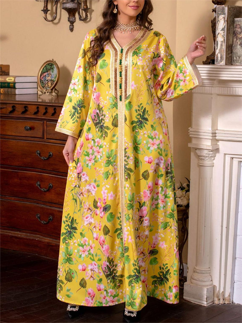 KTX-7982836941016 Elegant Floral Print V-Neck Kaftan