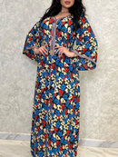 KTX-7982839627992 Floral Print Long Sleve V Neck Kaftan Dress