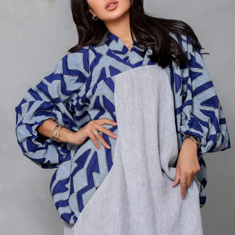 KTX-7981931331800 V neck color block women baggy kaftan dress