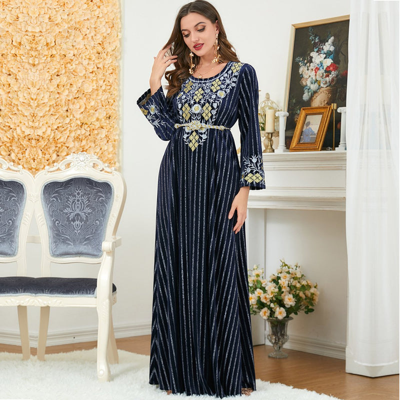 Flower Embroidery White Stripes Round Neck Long Sleeve Causal Dress