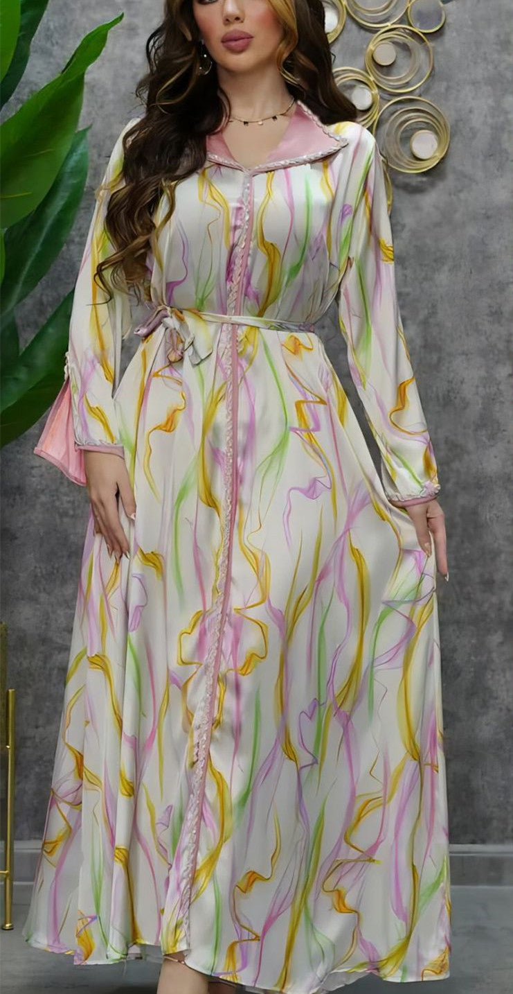 KTX-7982841102552 Fashion Line Pattern Twist Lace Kaftan