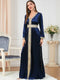 Solid Color Binded Design V Neck Long Sleeve Velvet Blue Dress