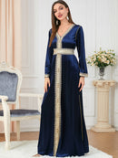 KTX-7982839857368 Solid Color Binded Design V Neck Long Sleeve Velvet Blue Dress