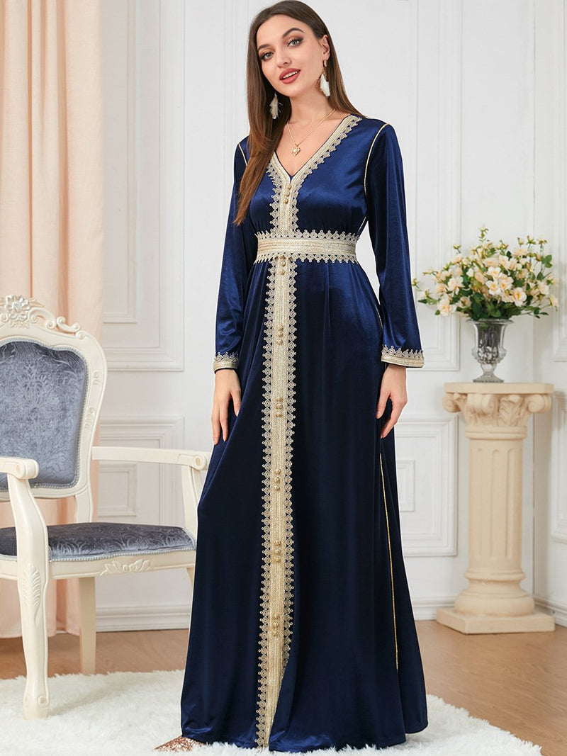 KTX-7982839857368 Solid Color Binded Design V Neck Long Sleeve Velvet Blue Dress