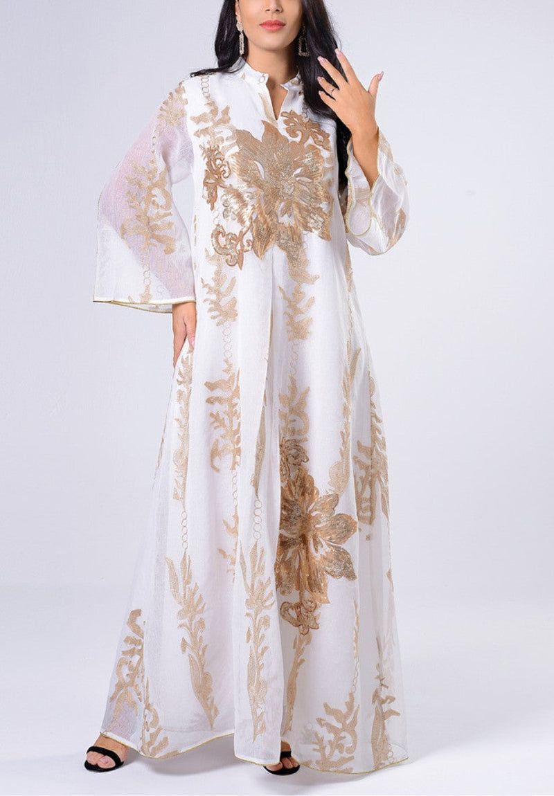 KTX-7982841626840 Gold Beaded Embroidery Long Sleeve Kaftan